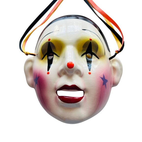 Vintage Clay Clown Face Mask With Ribbon Straps - Costume, Decor, Or Collectors - Picture 2 of 7
